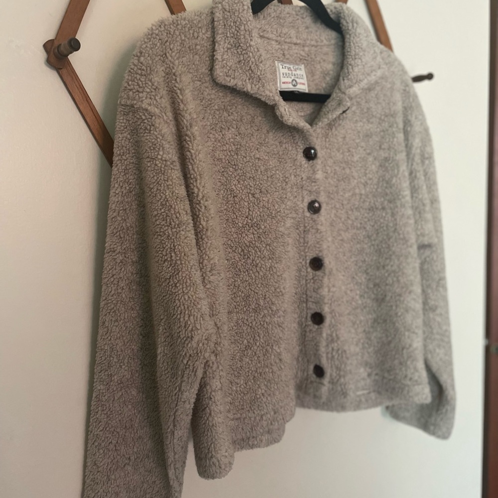 TRUE GRIT | SUNDANCE CATALOG | Tan button fleece Sherpa cropped sweater | Size M